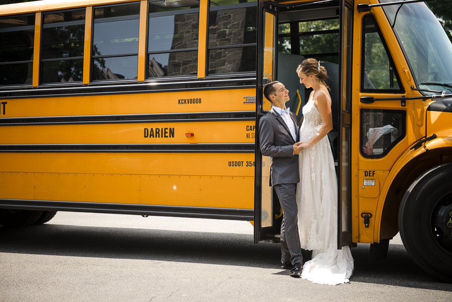 Bride and Groom Bus Portrait Rye NY Wedding